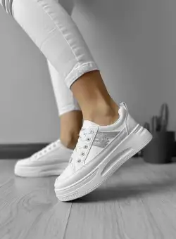 Adidasi dama casual cu talpa inalta albi cu gri CL2402 T3-2