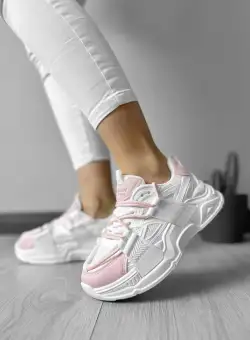 Adidasi dama casual cu talpa inalta albi cu roz CL2401 T4-2