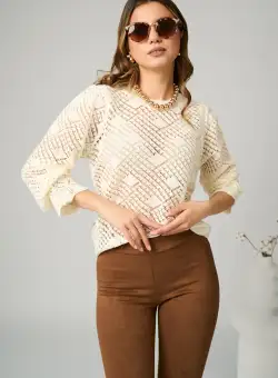 Bluza casual din tricot ivory cu maneci bufante