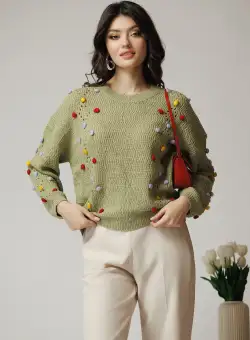 Bluza casual din tricot verde cu ciucuri colorati