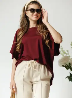 Bluza casual oversize din viscoza bordo cu maneca scurta
