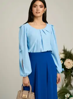 Bluza Dy Fashion bleu din voal plin cu maneci crapate si fundite