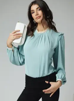 Bluza DY Fashion eleganta din voal verde mint cu dantela la guler si mansete