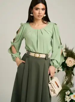 Bluza Dy Fashion verde fistic din voal plin cu maneci crapate si fundite