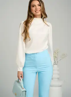 Bluza eleganta din satin alba cu perle si pliuri pe umar