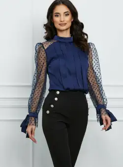 Bluza eleganta din satin bleumarin cu maneci din tull accesorizate cu buline catifelate