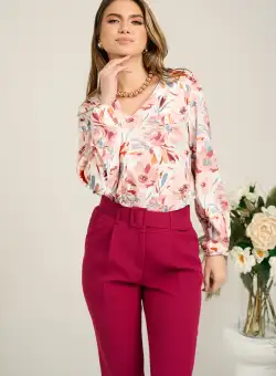 Bluza vaporoasa din viscoza alba cu flori roz