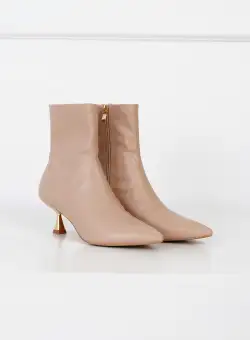 Botine elegante din piele ecologica bej cu toc mic auriu