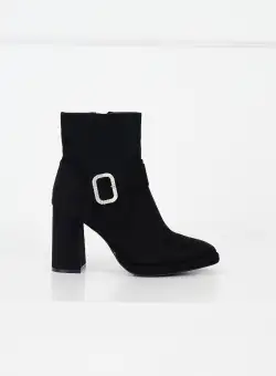 Botine elegante din piele intoarsa ecologica negre cu catarama