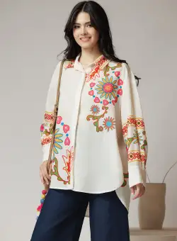 Camasa casual din panza ivory cu imprimeu floral colorat