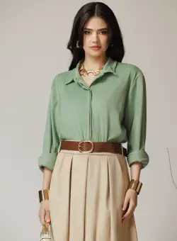 Camasa casual din stofa catifelata verde mint cu nasturi ascunsi.