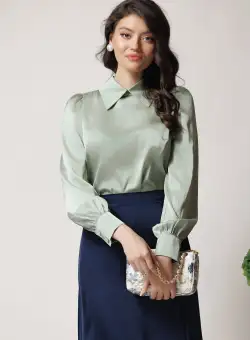 Camasa DY Fashion eleganta din satin verde mint