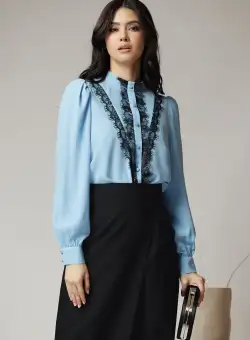 Camasa DY Fashion eleganta din voal bleu cu dantela neagra