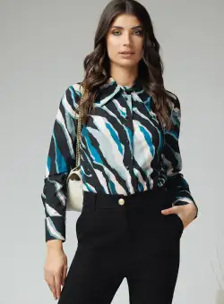 Camasa DY Fashion office din voal turcoaz cu imprimeu bej si nasturi