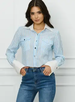 Camasa DY Fashion scurta alba cu dungi bleu si mansete albe