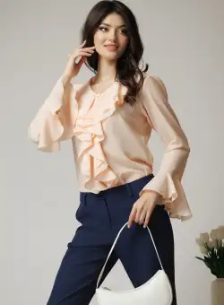 Camasa eleganta din triplu voal peach cu volane