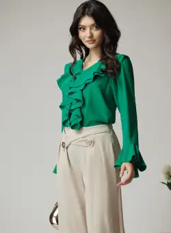 Camasa eleganta din triplu voal verde cu volane