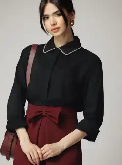 Camasa office din bumbac neagra cu strasuri la guler