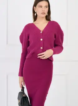 Cardigan casual scurt din tricot magenta cu nasturi