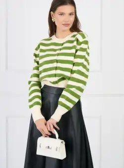 Cardigan scurt casual din tricot ivory cu dungi verzi si nasturi