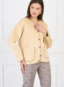 Cardigan scurt elegant din catifea bej cu benzi din fir lurex