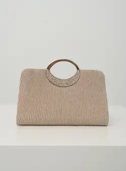 Clutch elegant din glitter sampanie cu maner rotund metalic