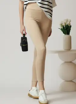Colanti casual din lycra bej cu talie inalta