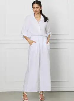 Compleu Victoria alb din in cu camasa si pantaloni