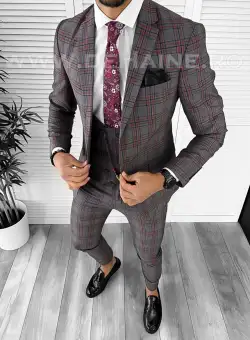 Costum barbati slim fit gri in carouri B7919 24-4.1