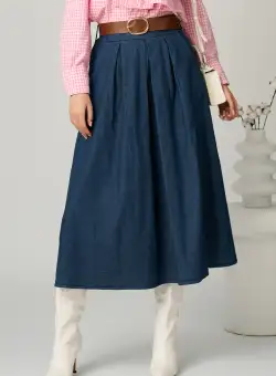 Fusta casual din denim albastra cu pliuri si curea in talie