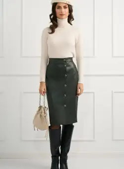 Fusta DY Fashion din piele ecologica kaki conica cu nasturi decorativi