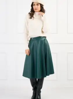 Fusta DY Fashion midi clos din piele ecologica verde cu nasturi in talie