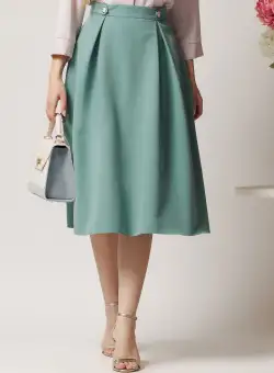 Fusta DY Fashion midi office din stofa verde cu nasturi pe talie
