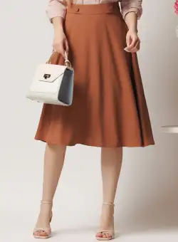 Fusta DY Fashion midi office din triplu voal maro cu nasturi pe talie