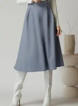 Fusta DY Fashion office din stofa albastra cu dungi si nasturi pe talie