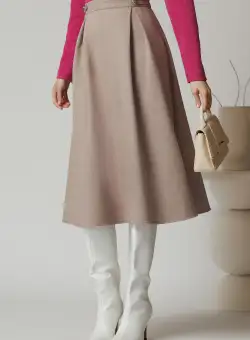Fusta DY Fashion office din stofa bej cu dungi si nasturi pe talie
