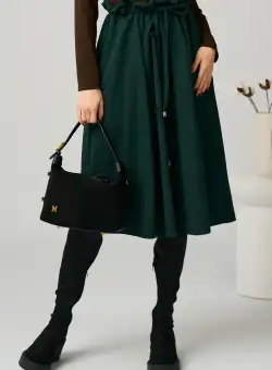 Fusta DY Fashion office din stofa verde clos cu snur in talie