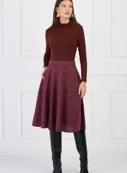 Fusta DY Fashion office midi din tricot burgundy cu buzunare