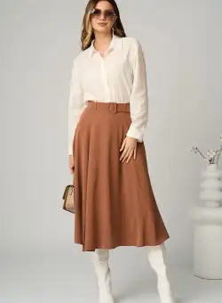 Fusta DY Fashion office midi din triplu voal maro camel cu croi clos si curea in talie