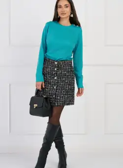 Fusta DY Fashion office scurta din tweed neagra cu carouri si nasturi