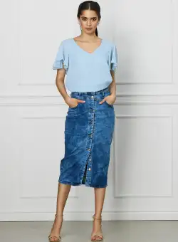 Fusta Mara albastra din denim cu nasturi