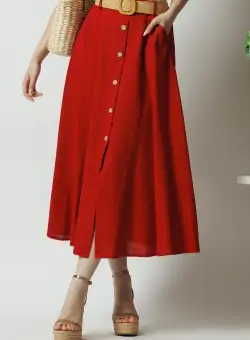 Fusta midi casual din in rosie cu nasturi si curea