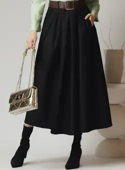 Fusta midi office din stofa neagra cu elastic si curea in talie