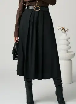 Fusta office midi din bumbac neagra cu buzunare si curea