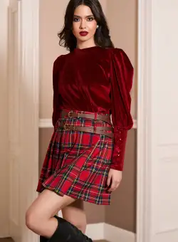 Fusta scurta din strofa rosie cu carouri si doua curele