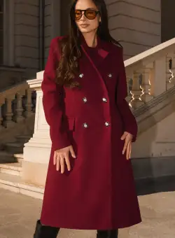 Palton DY Fashion elegant din stofa burgundy cu doua randuri de nasturi