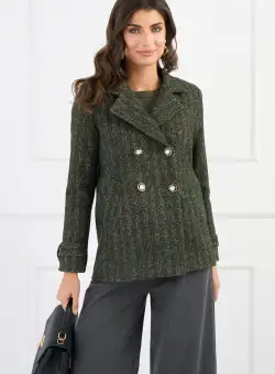 Palton scurt DY Fashion din stofa kaki cu imprimeu si nasturi