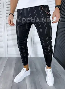 Pantaloni barbati casual regular fit negri in dungi B1704 Z33-4