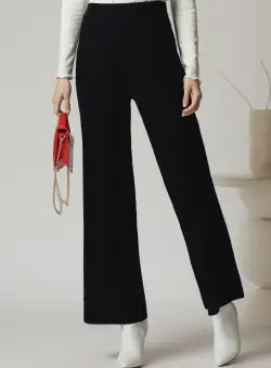 Pantaloni casual din tricot reiat negri evazati cu elastic in talie