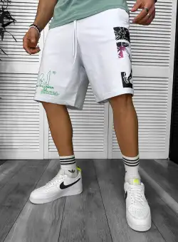 Pantaloni de trening scurti albi cu imprimeu Y243 O3-7